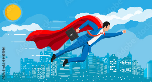 Superhero businessman flying over cityscape in sky. Business man in suit and red cloak. Goal setting. Smart goal. Business target concept. Achievement and success. Vector illustration in flat style