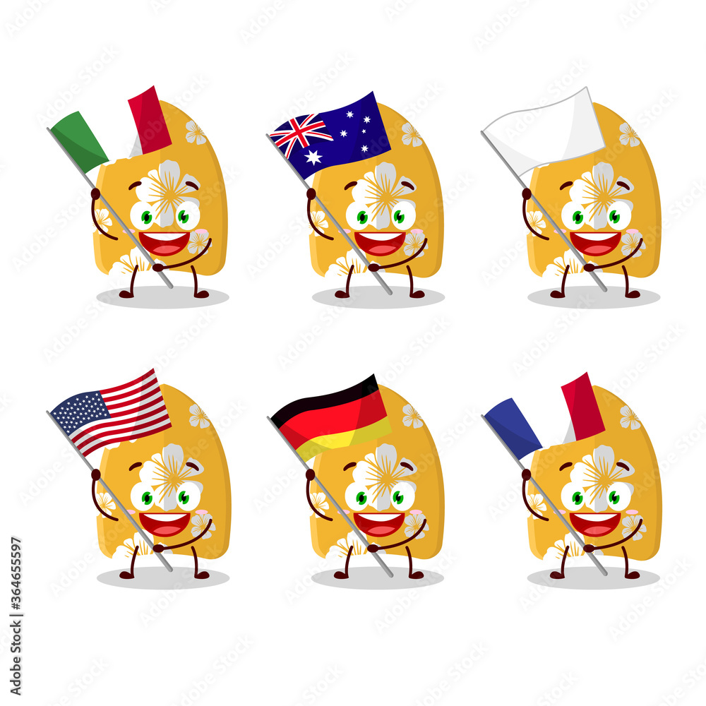 Surfing board cartoon character bring the flags of various countries Surfing board cartoon character bring the flags of various countries