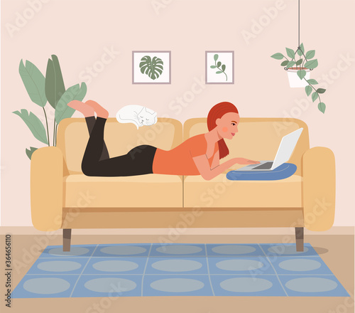 Young woman looking into a laptop and lying on sofa in the living room. Vector flat style illustration