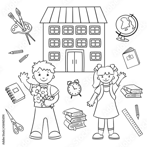 Back to school. Coloring page. Schoolboy and schoolgirl, boy and girl and school supplies.