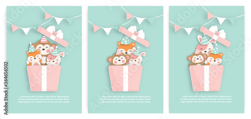 Set of birthday cards with cute fox , monkey and tiger in a gift box.  paper cut style.