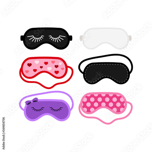 Sleep beauty masks icon set. Eye protection wear accessory collection - white, pink, black purple. Relaxation blindfolds isolated on white background. Eye cover flat design cartoon vector illustration