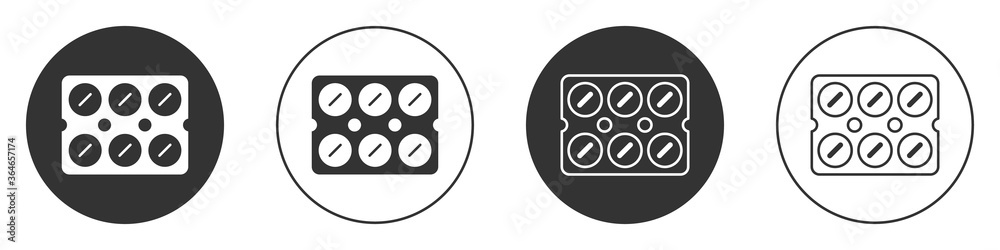 Black Pills in blister pack icon isolated on white background. Medical drug package for tablet, vitamin, antibiotic, aspirin. Circle button. Vector Illustration.