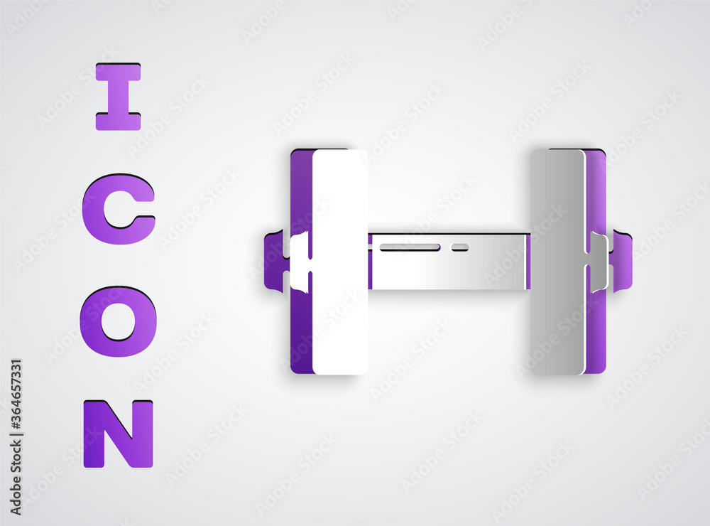 Paper cut Dumbbell icon isolated on grey background. Muscle lifting icon, fitness barbell, gym, sports equipment, exercise bumbbell. Paper art style. Vector Illustration. Paper cut Dumbbell icon isolated on grey background. Muscle lifting icon, fitness barbell, gym, sports equipment, exercise bumbbell. Paper art style. Vector Illustration.