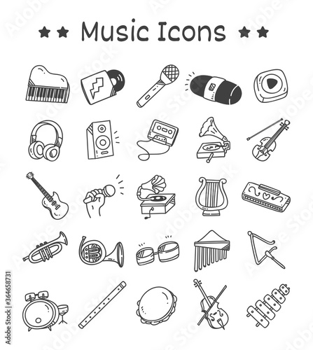 Set of Music Instrument Icons in Doodle Style Vector Illustration