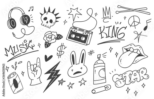 Set of graffiti doodle, punk music hand drawn scribble 
