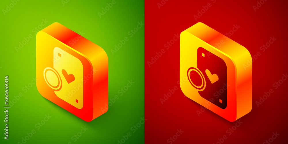 Isometric Casino chip and playing cards icon isolated on green and red background. Casino poker. Square button. Vector Illustration. Isometric Casino chip and playing cards icon isolated on green and red background. Casino poker. Square button. Vector Illustration.