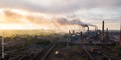 industry metallurgical plant dawn smoke smog emissions bad ecology aerial photography photo