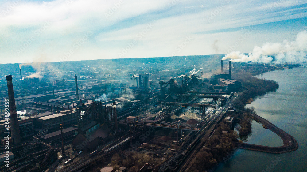 metallurgical production plant full cycle smoke from pipes bad ecology aerial photography