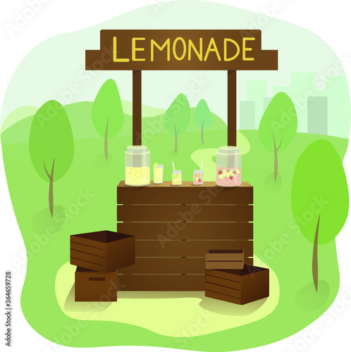 lemonade shop stand vector illustration landscape town mountains brown wooden desks bottles with lemonade lemon strawberry drinks  photo