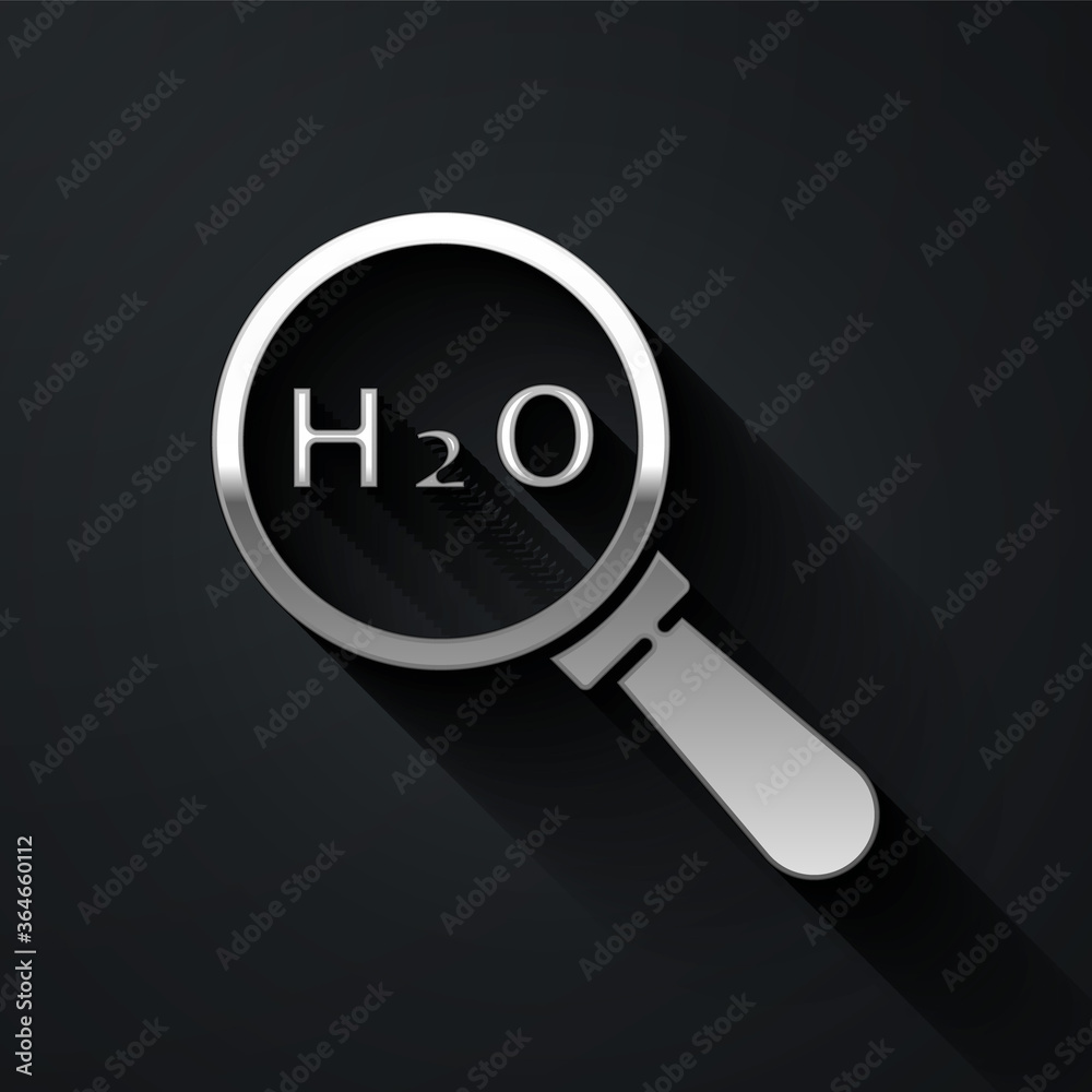 Silver Chemical formula for water drops H2O shaped icon isolated on black background. Long shadow style. Vector Illustration. Silver Chemical formula for water drops H2O shaped icon isolated on black background. Long shadow style. Vector Illustration.