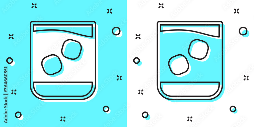 Black line Glass of whiskey and ice cubes icon isolated on green and white background. Random dynamic shapes. Vector Illustration. Black line Glass of whiskey and ice cubes icon isolated on green and white background. Random dynamic shapes. Vector Illustration.