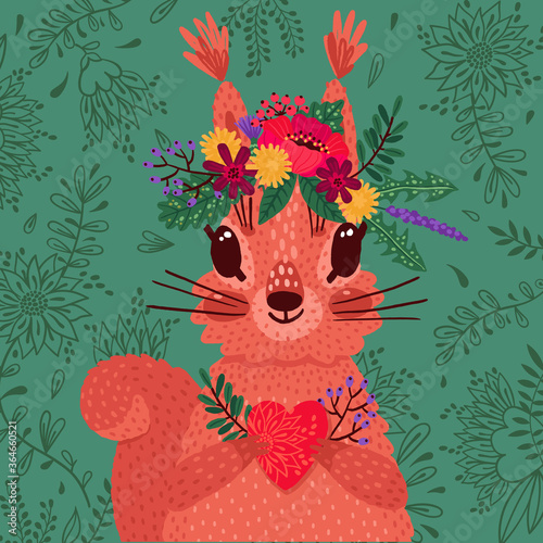 Cute red squirrel in a flower wreath holds a heart in its paws. Vector illustration in cartoon style. Declaration of love and greeting card