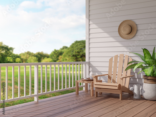 Vintage style wood terrace with blurry nature view 3d render, There are wooden floor and white plank wall, funished with wooden chair,overlooking to the large garden photo