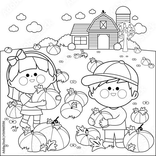 Children at the farm picking pumpkins at the pumpkin patch. Vector black and white coloring page