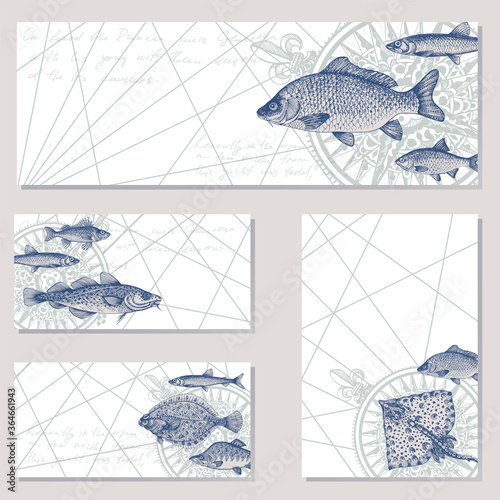 Fsh, seafood, flounder, stingray, salmon, smelt, roach, compass, old wind rose Doodles design elements business cards, banners, menu