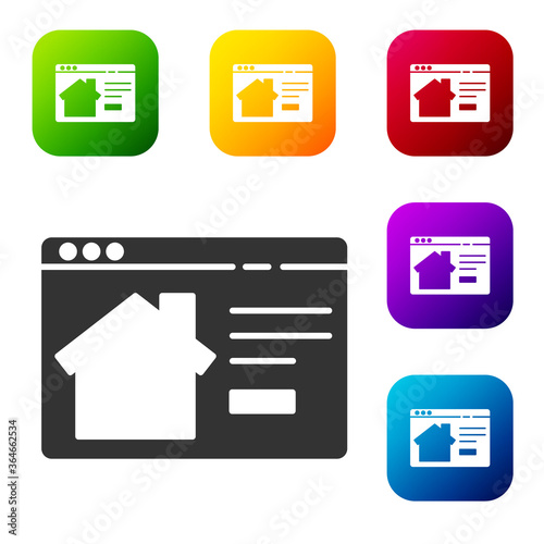 Black Online real estate house in browser icon isolated on white background. Home loan concept, rent, buy, buying a property. Set icons in color square buttons. Vector Illustration.