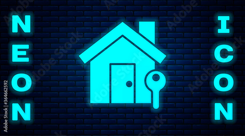 Glowing neon House with key icon isolated on brick wall background. The concept of the house turnkey. Vector Illustration.