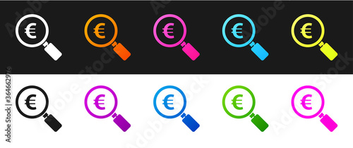 Set Magnifying glass and euro symbol icon isolated on black and white background. Find money. Looking for money. Vector Illustration.