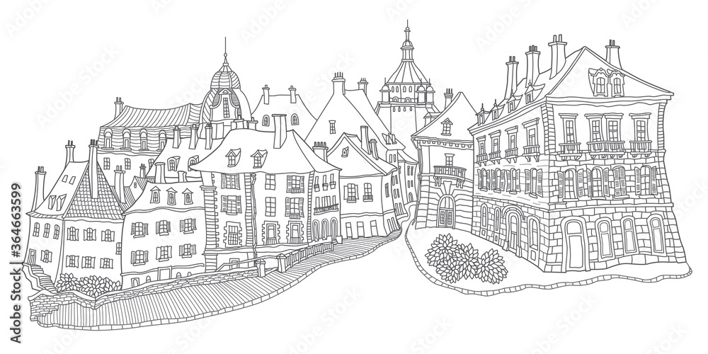 Vector fantasy European urban landscape with medieval old town castle house, fairy tale buildings, paved street. Hand drawn black and white doodle sketch background. Tee shirt print, travel brochure 