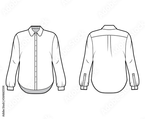 Classic shirt technical fashion illustration with button down front opening, round collar, long sleeves with cuff, oversized body. Flat apparel template front grey color. Women, men unisex CAD mockup