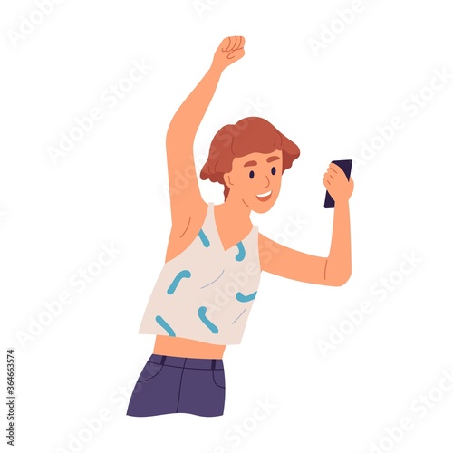 Joyful girl raising hand looking at screen of smartphone vector flat illustration. Happy woman enjoy good news holding mobile phone isolated on white. Female having positive emotion watch on display