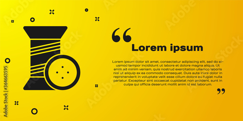 Black Sewing thread on spool and button icon isolated on yellow background. Yarn spool. Thread bobbin. Vector Illustration.