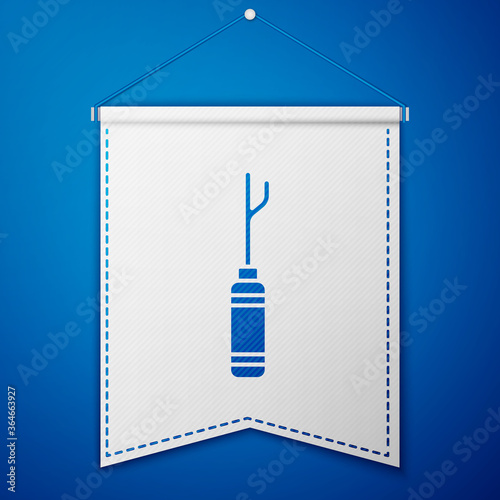 Blue Awl tool with wooden handle icon isolated on blue background. Work equipment tailor industry. White pennant template. Vector Illustration.