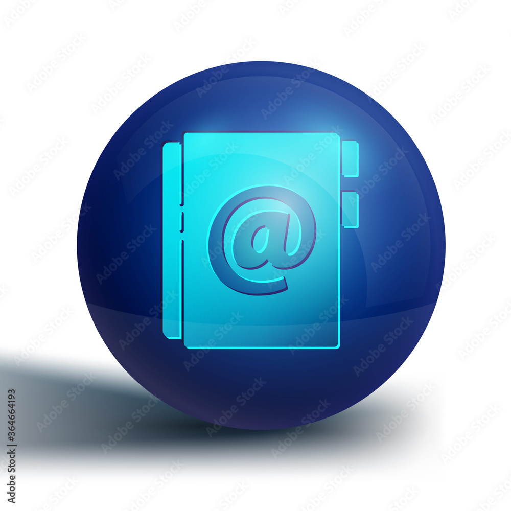 Blue Address book icon isolated on white background. Notebook, address, contact, directory, phone, telephone book icon. Blue circle button. Vector Illustration. Blue Address book icon isolated on white background. Notebook, address, contact, directory, phone, telephone book icon. Blue circle button. Vector Illustration.