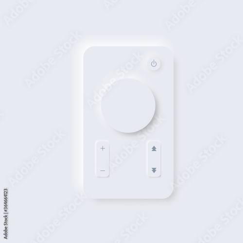 Remote control. Neomorphism user interface of the application. UI template for mobile applications on the phone screen with buttons to increase decrease volume, power. Light clay minimal device Vector