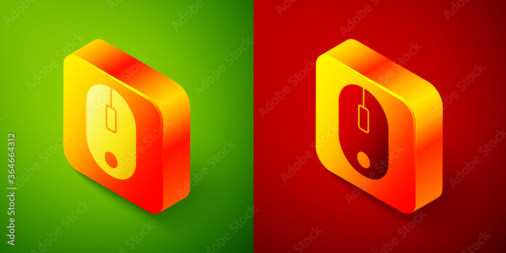 Isometric Computer mouse icon isolated on green and red background. Optical with wheel symbol. Square button. Vector Illustration. Isometric Computer mouse icon isolated on green and red background. Optical with wheel symbol. Square button. Vector Illustration.