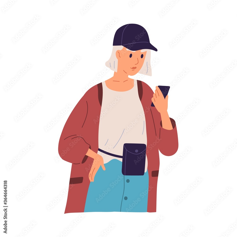 Casual female read interesting information looking at screen of smartphone vector flat illustration. Trendy woman holding mobile with calm face expression isolated on white. Girl chatting use phone Casual female read interesting information looking at screen of smartphone vector flat illustration. Trendy woman holding mobile with calm face expression isolated on white. Girl chatting use phone