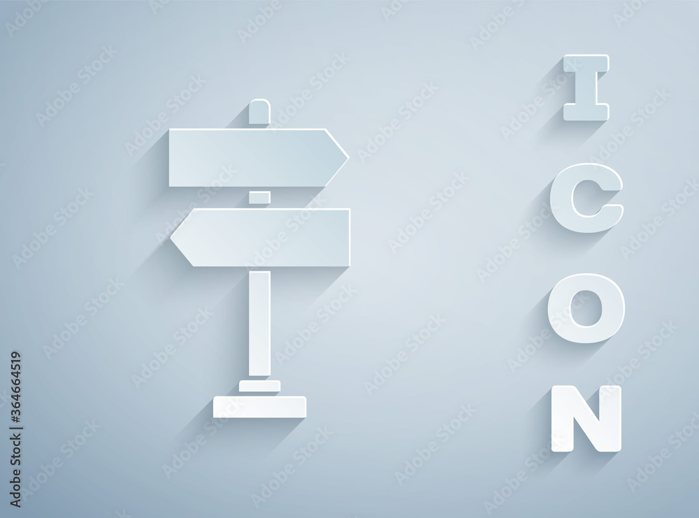 Paper cut Road traffic sign. Signpost icon isolated on grey background. Pointer symbol. Isolated street information sign. Direction sign. Paper art style. Vector Illustration. Paper cut Road traffic sign. Signpost icon isolated on grey background. Pointer symbol. Isolated street information sign. Direction sign. Paper art style. Vector Illustration.
