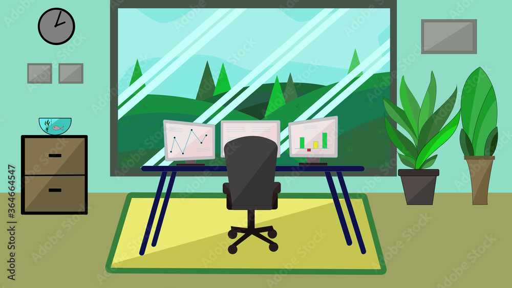 Home office in flat design. Interior. Beautiful landscape outside window. Home office in flat design. Interior. Beautiful landscape outside window.