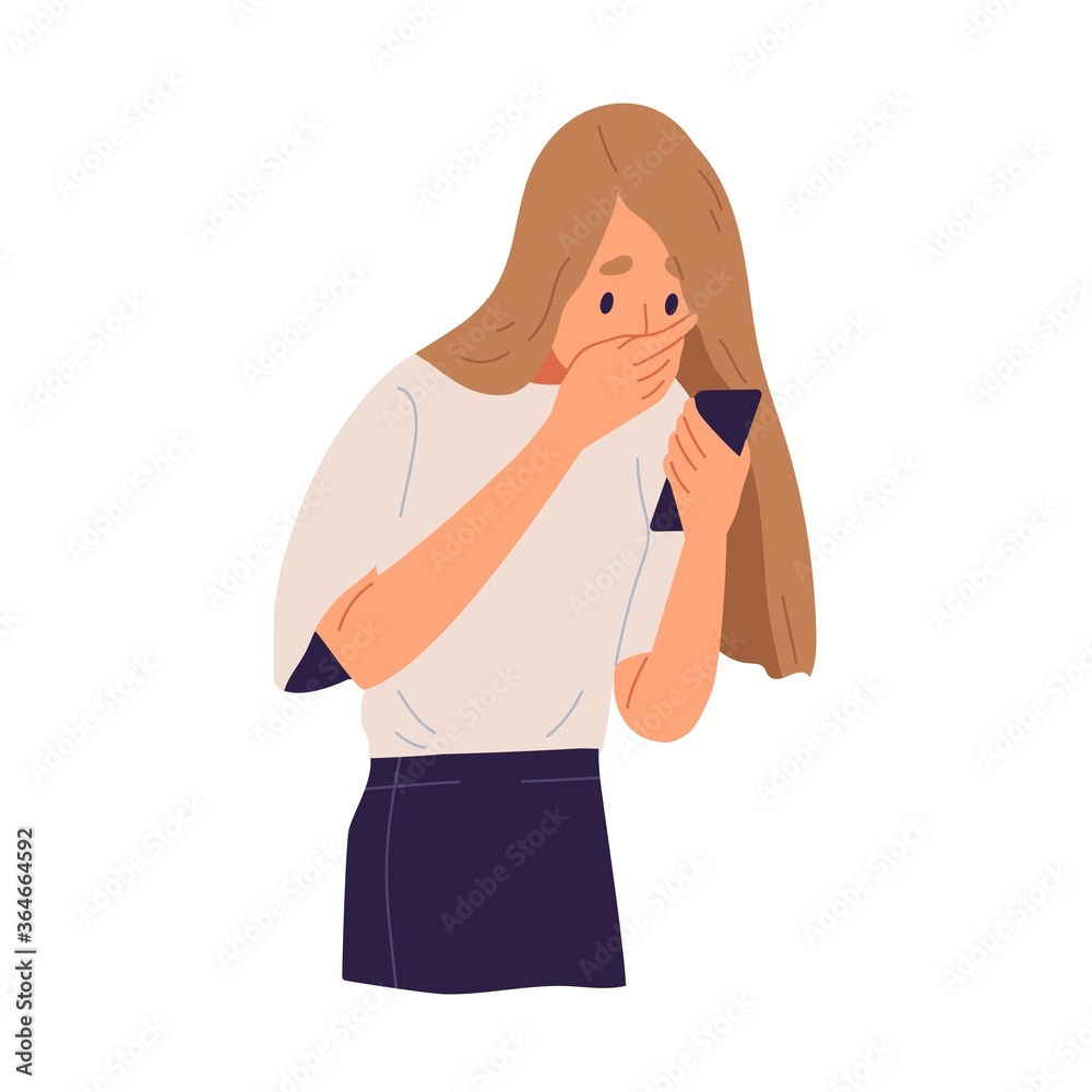 Shocked woman closed mouth by hand look at screen of smartphone vector flat illustration. Young girl having astonished news hold mobile phone isolated on white. Surprised female read message Shocked woman closed mouth by hand look at screen of smartphone vector flat illustration. Young girl having astonished news hold mobile phone isolated on white. Surprised female read message