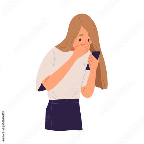 Shocked woman closed mouth by hand look at screen of smartphone vector flat illustration. Young girl having astonished news hold mobile phone isolated on white. Surprised female read message