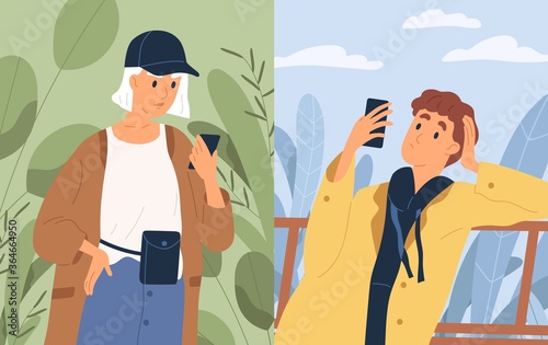 Couple chatting looking at screen of smartphones vector flat illustration. Casual woman and pensive man communicating online use app messenger. People having internet conversation to each other