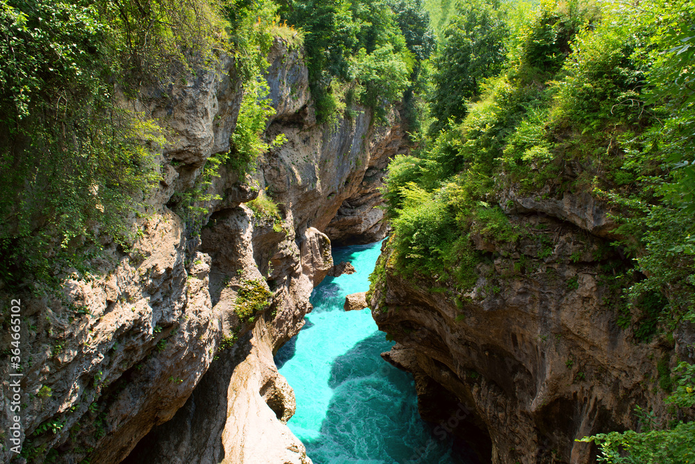 Mountain gorge & river. Beautiful landscape featuring mountain river sandwiched between towering cliffs gorge. Amazing scenic vivid turquoise river stream rapids, running through mountain gorge forest