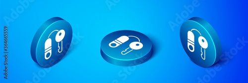 Isometric House with key icon isolated on blue background. The concept of the house turnkey. Blue circle button. Vector Illustration.