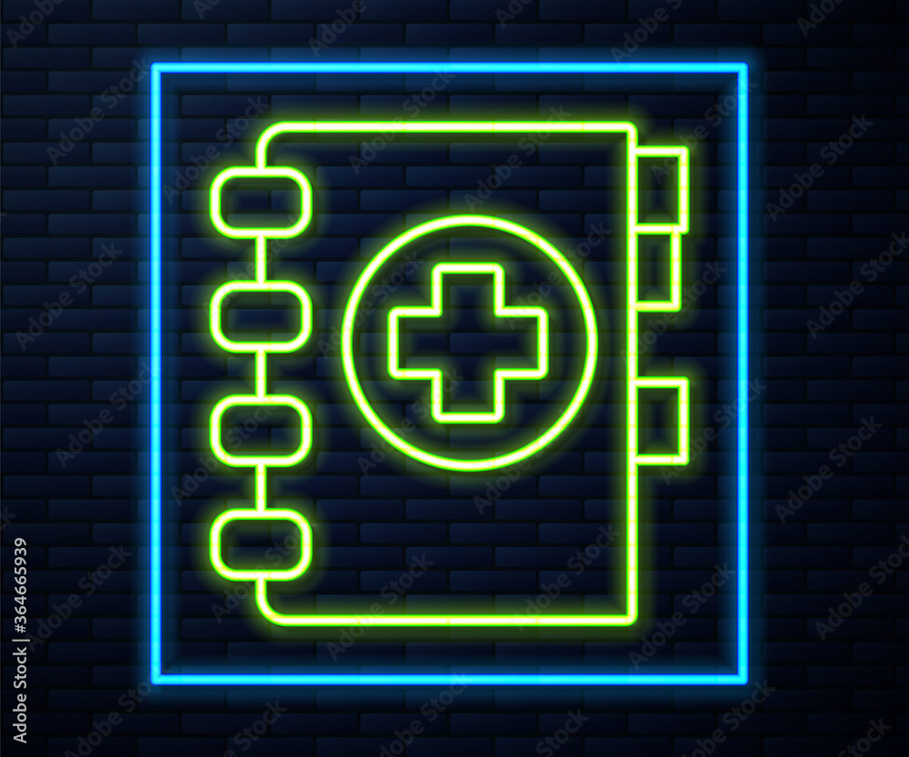 Glowing neon line Medical clipboard with clinical record icon isolated on brick wall background. Prescription, medical check marks report. Vector Illustration.