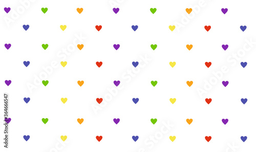 minimalistic pattern of hearts set in rainbow colors: Pride Flag, Heart, Peace, Rainbow, Love, Support, Freedom Symbols on a white background.
