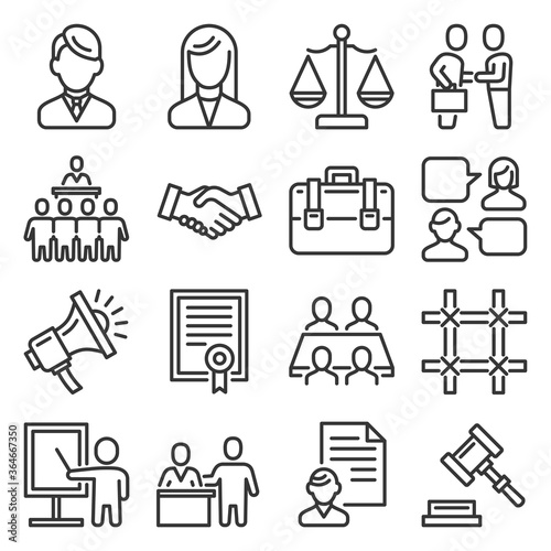 Lawyer and Legal Law Icons Set on White Background. Line Style Vector