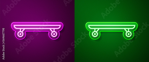 Glowing neon line Longboard or skateboard cruiser icon isolated on purple and green background. Extreme sport. Sport equipment. Vector Illustration.