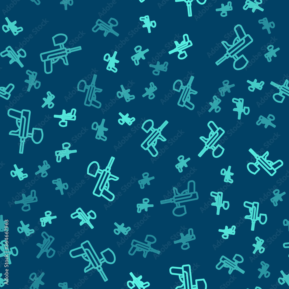 Green line Paintball gun icon isolated seamless pattern on blue background. Vector Illustration.