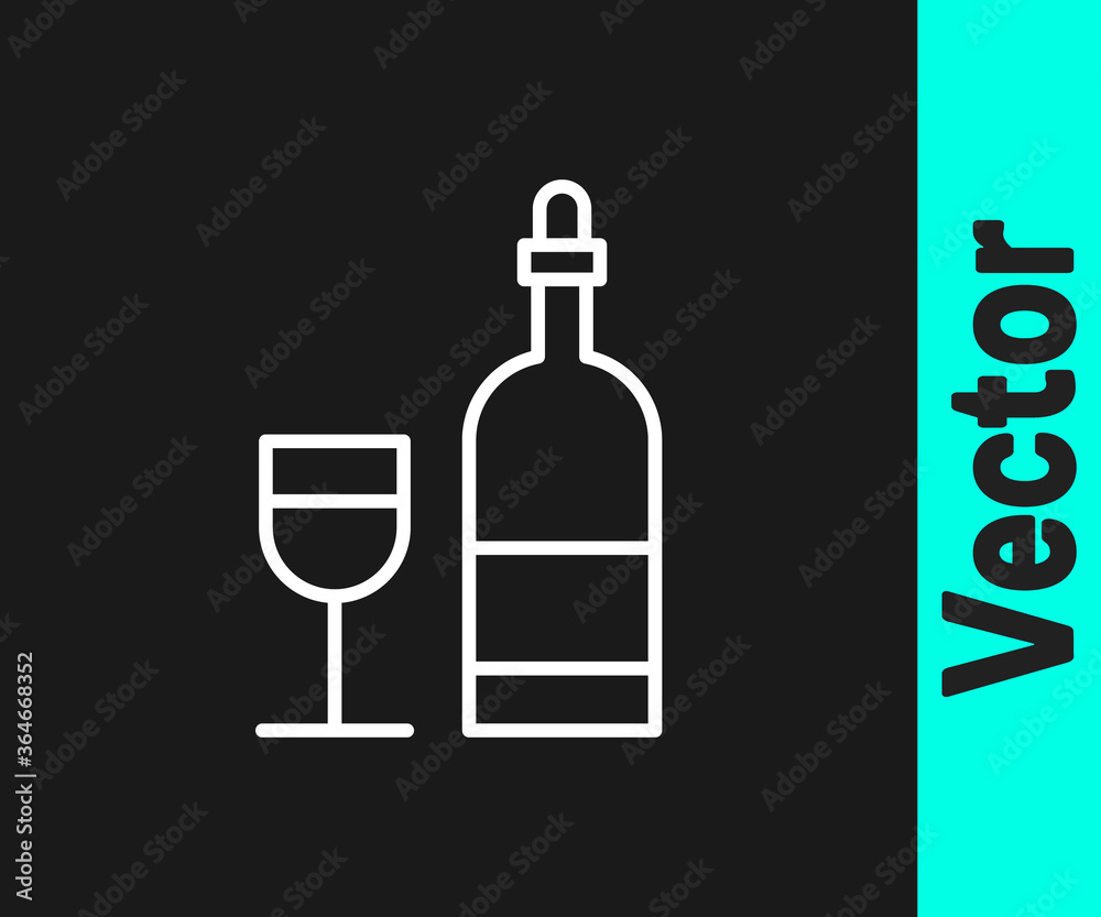 White line Wine bottle with glass icon isolated on black background. Vector Illustration. White line Wine bottle with glass icon isolated on black background. Vector Illustration.