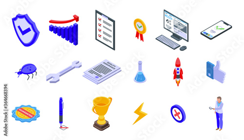 Quality assurance icons set. Isometric set of quality assurance vector icons for web design isolated on white background