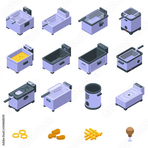 Deep fryer icons set. Isometric set of deep fryer vector icons for web design isolated on white background