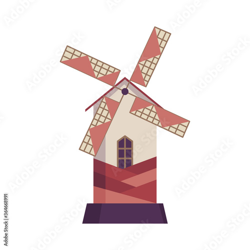 Traditional ancient windmill building. Rural organic agricultural production, ecological food manufacturing, clean energy concept, wind mill farm. Medieval european windmill