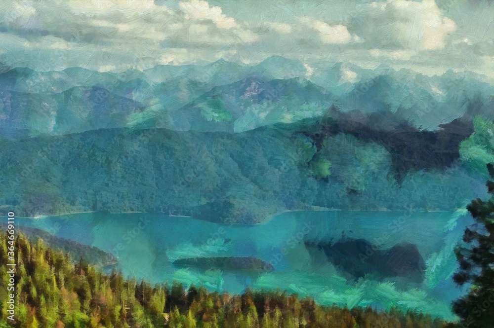 Digital painting nature landscape artwork. Mountains scenery art. Designe print.