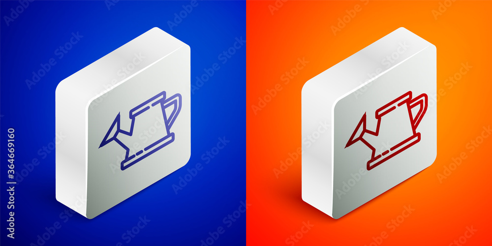 Isometric line Watering can icon isolated on blue and orange background. Irrigation symbol. Silver square button. Vector Illustration. Isometric line Watering can icon isolated on blue and orange background. Irrigation symbol. Silver square button. Vector Illustration.